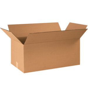 An MH-USA 26 x 14 x 12 corrugated box, ideal for shipping and storage, sits open with flaps extended on a white background. This empty brown cardboard box is commonly bundled in sets of 20 for convenience.