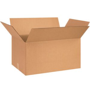 The MH-USA 26 x 15 x 12 corrugated boxes are displayed plain and unfolded against a white background. Sold in bundles of 20, they offer durability and ample space for your packaging needs.