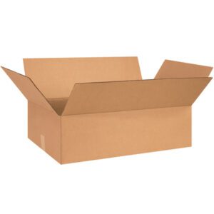 An open, empty MH-USA 26 x 15 x 5 flat corrugated box with extended flaps ensures durability and versatility. The plain box features no markings or labels and is set against a white background. Available in bundles of 20.