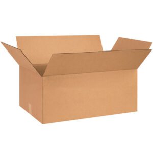 A brown MH-USA 26 x 16 x 10 corrugated box with flaps outwards stands on a white background. The empty but durable box is perfect for shipping and comes in bundles of twenty.