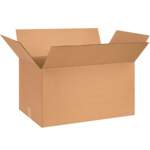 An open MH-USA 26 x 16 x 14 corrugated box sits on a white background, with flaps spread out. It appears empty and is ideal for shipping or storage, sold in bundles of fifteen.