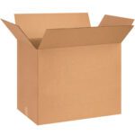 An MH-USA 26 x 16 x 19 corrugated box from the 10/Bundle set, flaps upright, stands open against a plain white background.