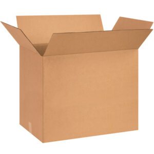 An MH-USA 26 x 16 x 19 corrugated box from the 10/Bundle set, flaps upright, stands open against a plain white background.