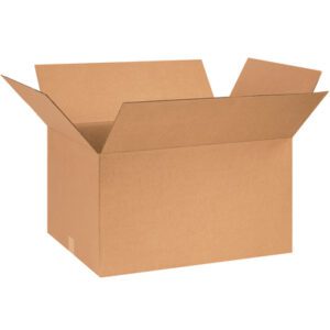 An open MH-USA 26 x 18 x 14 corrugated box with outward-folded flaps rests on a white background, highlighting its durability and spacious interior as part of a bundle of ten boxes.
