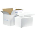 A white cardboard box labeled Perishable This Side Up and a slightly ajar styrofoam container, part of the MH-USA 19 x 12 x 12 1/2 Insulated Shipping Kit, are set against a plain white background, ready to protect their contents.