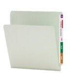 A Smead End Tab Pressboard File Folder in gray/green with a straight-cut tab and 1 expansion has colored tabs—purple, red, green, orange—marked A, C, K. The name Ackerman, Gregory is printed vertically. Sold in boxes of 25 (26200).