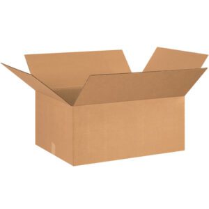 A brown cardboard box with flaps extended against a white backdrop resembles the MH-USA 26 x 20 x 12 Corrugated Boxes, sold in bundles of 15.