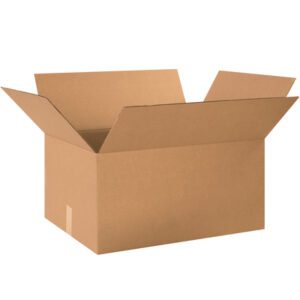 An open MH-USA 26 x 20 x 14 corrugated cardboard box with raised flaps against a white background. This light brown box is ideal for shipping and storage, available in bundles of 15.