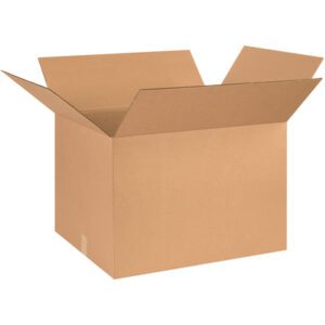 An open, empty MH-USA 26 x 20 x 18 corrugated box with raised flaps is shown against a white background.