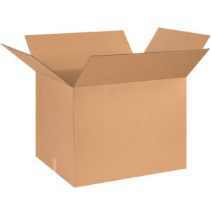 An open MH-USA 26 x 20 x 20 corrugated box from a 10/bundle set stands upright with flaps extended outward, set against a plain white background, highlighting its pristine and unused interior and exterior.
