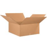 An MH-USA 26 x 26 x 12 corrugated box from a bundle of 10 sits open with four flaps slightly raised against a plain white background.