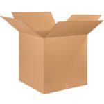 An open MH-USA 26 x 26 x 26 corrugated box with outward flaps showcases its plain brown design and textured edges against a white background, revealing its interior and structure. Available in bundles of ten.