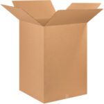 An MH-USA 26 x 26 x 36 corrugated box stands open with its flaps outward, against a white background. This plain brown box, part of a sturdy and versatile 5-box bundle, highlights its robust design.