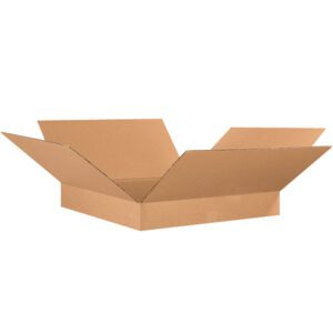 Display an open MH-USA 26 x 26 x 4 flat corrugated box, with flaps extended outward, against a plain white background. Its natural brown color and standard corrugated texture are highlighted. These boxes come in bundles of 15.