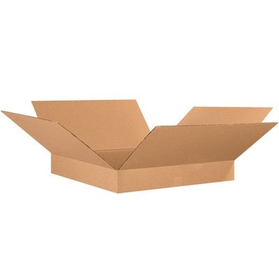 26264.jpg Display an open MH-USA 26 x 26 x 4 flat corrugated box, with flaps extended outward, against a plain white background. Its natural brown color and standard corrugated texture are highlighted. These boxes come in bundles of 15.