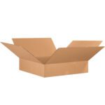 The open MH-USA 26 x 26 x 6 Flat Corrugated Box (10/Bundle) with brown flaps extended outward rests against a plain white background.