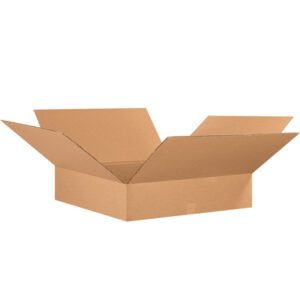 The open MH-USA 26 x 26 x 6 Flat Corrugated Box (10/Bundle) with brown flaps extended outward rests against a plain white background.