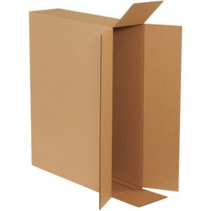 An MH-USA 26 x 6 x 20 side loading box from a bundle of ten stands upright against a white backdrop, partially open to reveal its spacious, sturdy brown corrugated cardboard interior, ideal for diverse packing needs.