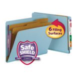 The Smead 26781 blue file folder includes six filing surfaces with letter-size dimensions, color-coded tabs (A, C, K), and a circular graphic stating 6 Filing Surfaces. It features SafeSHIELD? fasteners for protection and two dividers for optimal organization.