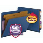 Image of a dark blue Smead End Tab Pressboard Classification File Folder featuring multiple tabbed sections, color-coded labels, and 6 filing surfaces. Includes SafeSHIELD Fasteners, 2 dividers, and available in a box of 10 (26784).