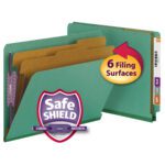 The Smead End Tab Pressboard Classification File Folder (26785) features green folders with SafeSHIELD fasteners, two dividers, and sections marked 3, 7, and 5. A circular yellow and pink label highlights 6 Filing Surfaces. Available in boxes of 10.