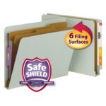 The Smead End Tab Pressboard Classification File Folder (26810) in gray/green features SafeSHIELD fasteners, 2 dividers, and 6 filing surfaces for organized and secure document storage. A circular label highlights 6 Filing Surfaces.