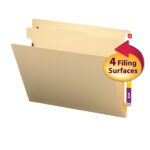 The Smead End Tab Classification File Folder, Manila (26825), displays inserts: one with a black tab and another with a purple tab labeled 3, optimized for organizing letter-size documents. It features a circular red and yellow 4 Filing Surfaces symbol.