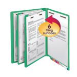 The Smead End Tab Classification File Folder, featuring 2 dividers and a 2 expansion, offers 6 filing surfaces for organizing letter-sized documents. A label with a red arrow emphasizes its efficient design. Available in green, it comes in packs of 10 (Product number: 26837).