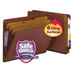 The set of brown folders features labeled tabs and reinforced edges, while the Smead End Tab Pressboard Classification File Folder in red (26865) includes 3 dividers and SafeSHIELD coated fasteners, highlighted with an arrow and 6 Filing Surfaces.