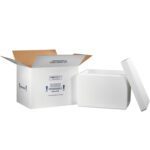 An open MH-USA Insulated Shipping Kit box, labeled 21 1/4 x 15 1/2 x 15 1/2, stands beside a white foam cooler with the lid removed. The empty interior is ideal for transporting perishables.