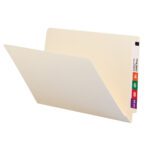 The beige Smead End Tab File Folder, Straight-Cut Tab, Legal Size, Manila (27100) is shown with an open flap. The tab displays orange, red, green, and purple labels marked 4, 6, 8, and 1. Perfect for anyone seeking order in a file box of up to 100 per box.