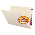A partially open beige file folder displays a durable Smead End Tab File Folder with a Shelf-Master Reinforced Straight-Cut Tab. The right tab has color-coded labels in red, green, orange, purple, and white. A circular sticker states Tab Reinforced To Last Longer.