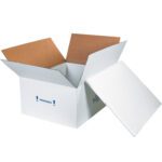 An MH-USA 26 x 19 3/8 x 10 1/2 Insulated Shipping Kit with a removable lid and marked with blue arrows and Perishable, emphasizing its specialized use for insulated shipping, is shown.