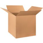 The MH-USA 27 x 27 x 27 corrugated box, available in bundles of five, opens wide with its plain light brown surface against a white backdrop, offering ample space for diverse packaging needs.