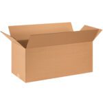 An empty brown cardboard box with flaps, resembling the MH-USA 28 x 12 x 12 long corrugated boxes (20/Bundle), sits against a plain white background, displaying its interior and exterior.