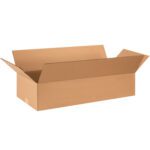 A flat MH-USA 28 x 12 x 6 corrugated box with flaps open is set against a white backdrop.