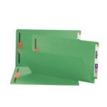 Three green Smead End Tab Fastener File Folders (legal size, 28140) are slightly open with multicolored labeled tabs visible. Each standing folder has two fasteners, offering a structured and organized filing solution.