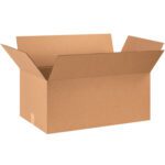 An open MH-USA 28 x 16 x 12 corrugated box, with extended flaps, stands on a white background. Its color is brown.