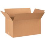 A brown MH-USA 28 x 16 x 14 corrugated box with open flaps is set against a white background, highlighting its textured surface and minimalist design. Available in bundles of 15.