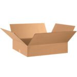 An open MH-USA 28 x 16 x 5 flat corrugated box with outward-flaring flaps is set against a plain white background, showcasing the sturdy brown corrugated interior typical of these boxes (sold in bundles of 25).