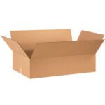 An open MH-USA 28 x 16 x 7 flat corrugated box with flaps spread out on a white background looks sturdy, ideal for packaging or storage, and is sold in bundles of 20.
