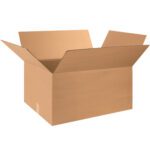 An open MH-USA 28 x 18 x 12 corrugated box with flaps spread outward is displayed against a plain white background.
