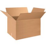 An open MH-USA 28 x 18 x 18 corrugated box with raised flaps sits on a white background, appearing empty but ready to securely hold items. Sold in bundles of 10.