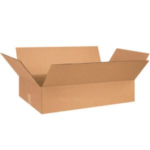 The MH-USA 28 x 18 x 6 flat corrugated box from a 20-box bundle is open with flaps extended on a plain white background. Its simple design typifies shipping and packaging materials, making it ideal for various needs.