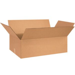 An open MH-USA 28 x 18 x 8 flat corrugated box with outward flaps leans against a plain white background. The empty, new-looking box has a simple design and is sold in bundles of 15.