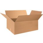 An MH-USA 28 x 20 x 10 corrugated box with extended flaps, displayed on a white backdrop, highlights its durability and quality. These are sold in bundles of 15.
