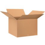 An open MH-USA 28 x 28 x 22 corrugated box from a bundle of 10, with flaps folded outward on a white background, highlights its empty rectangular shape and sturdy design ideal for diverse packaging needs.