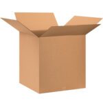 An open, empty MH-USA 28 x 28 x 28 corrugated box with raised flaps stands against a plain white background. This medium-sized brown box is from a set offered in bundles of five.