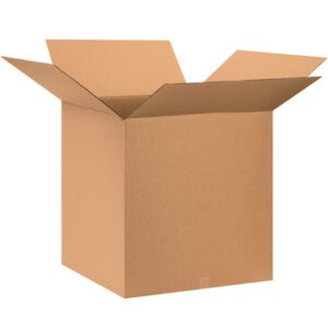 An open, empty MH-USA 28 x 28 x 28 corrugated box with raised flaps stands against a plain white background. This medium-sized brown box is from a set offered in bundles of five.