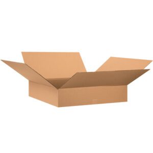 An open MH-USA 28 x 28 x 6 Flat Corrugated Box from a 10/Bundle set is displayed against a plain white background, showcasing its spacious design with flaps extended outward.